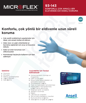 Ansell MICROFLEX® 93-143 Kimyasallara Karşı Yüksek Dirençli Nitril Laboratuvar Eldiveni Large (8.5 - 9) 100 Adet/Kutu