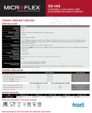 Ansell MICROFLEX® 93-143 Kimyasallara Karşı Yüksek Dirençli Nitril Laboratuvar Eldiveni Large (8.5 - 9) 100 Adet/Kutu