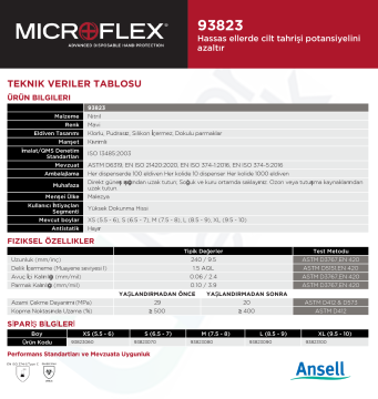 Ansell MICROFLEX® 93-823 Aşırı Hassas Ciltler için Nitril Laboratuvar Eldiveni Large (8.5 - 9) 100 Adet/Kutu