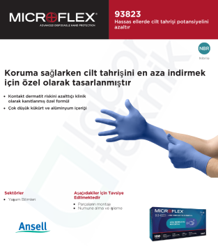 Ansell MICROFLEX® 93-823 Aşırı Hassas Ciltler için Nitril Laboratuvar Eldiveni Large (8.5 - 9) 100 Adet/Kutu