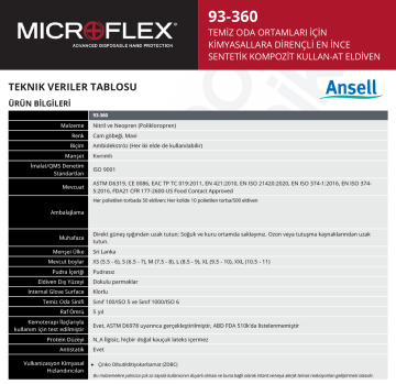 Ansell MICROFLEX® 93-360 Temiz Oda Ortamları için Kimyasallara Dirençli Nitril+Neopren Laboratuvar Eldiveni XXL (10.5 - 11) 50 Adet/Torba