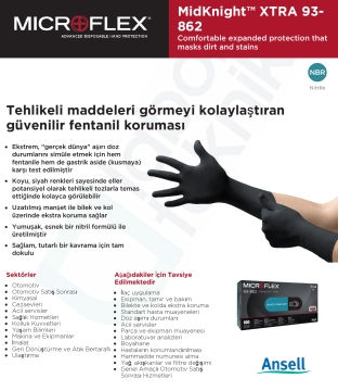 Ansell MICROFLEX® MidKnight® XTRA 93-862  Kimyasallara Dirençli Nitril Laboratuvar Eldiveni Small (6.5 - 7) 100 Adet/Torba
