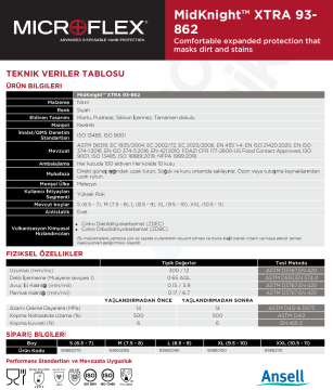 Ansell MICROFLEX® MidKnight® XTRA 93-862  Kimyasallara Dirençli Nitril Laboratuvar Eldiveni Large (8.5 - 9) 100 Adet/Kutu