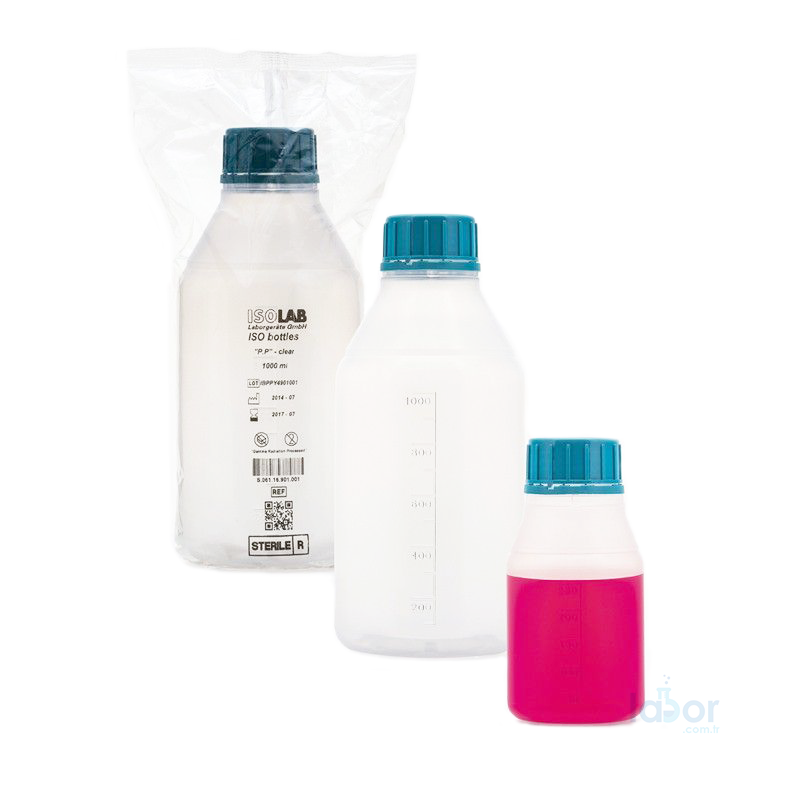 ISOLAB Polipropilen Şişe - ISO - Vida Kapaklı - Orta Boyun - P.P - Şeffaf - Steril - 250 ml  / 100 Adet