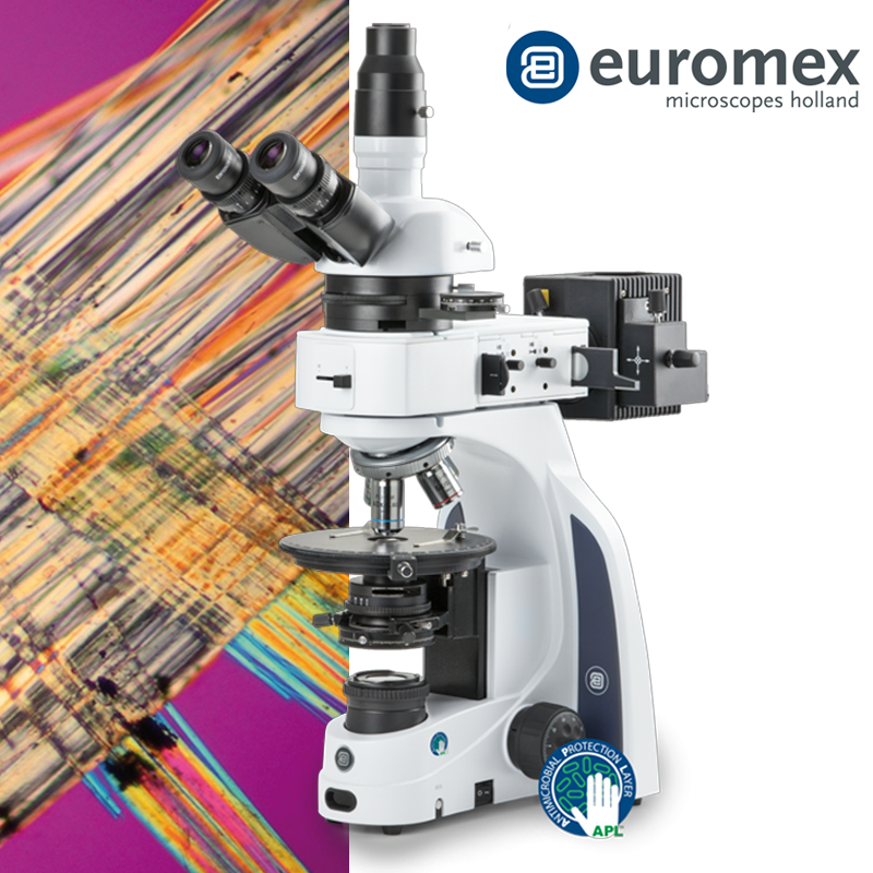 euromex IS.1053-PLPOLRi Trinoküler Polarize Mikroskop HWF 10x/20 mm Oküler Plan Polarizasyonu PLPOLi 5/10/20/S50x IOS Objektifler 3 W NeoLED™ Köhler Aydınlatma ve 50 W Halojen epi-Aydınlatma