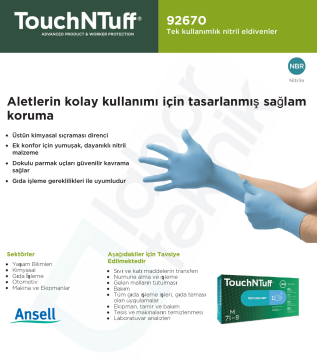 Ansell TouchNTuff® 92-670 Kimyasallara Dirençli Nitril Laboratuvar Eldiveni Small (6.5 - 7) 100 Adet/Kutu