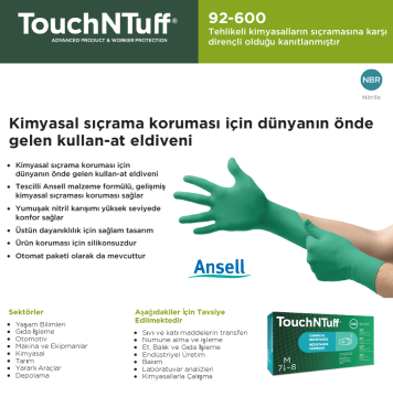 TouchNTuff® 92-600 Kimyasal Sıçrama Koruması için Nitril Eldiven Medium (7.5 - 8) 100 Adet/Kutu