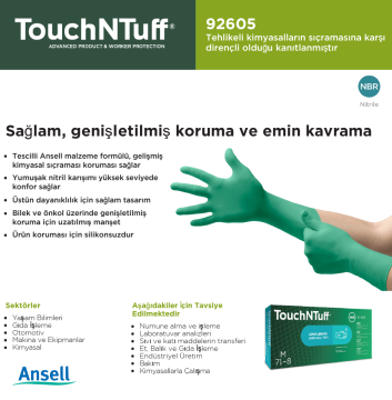 TouchNTuff® 92-605 Kimyasal Sıçrama Koruması için Nitril Eldiven Medium (7.5 - 8) 100 Adet/Kutu