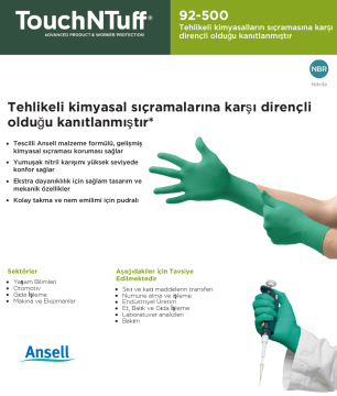TouchNTuff® 92-500 Kimyasal Sıçrama Koruması için Nitril Eldiven Small (6.5 - 7) 100 Adet/Kutu