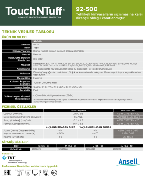 TouchNTuff® 92-500 Kimyasal Sıçrama Koruması için Nitril Eldiven Medium (7.5 - 8) 100 Adet/Kutu