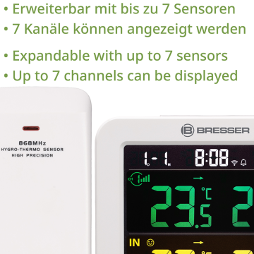 BRESSER Tuya Smart Akıllı Ev 7 Kanallı Termometre - Higrometre (Dahili Sensör 1 Adet) - (Beyaz)