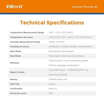 Elitech LogEt 1 TH Tek Kullanımlık Sıcaklık ve Nem Veri Kaydedici -30... +70 ℃ / 0%... 100% RH