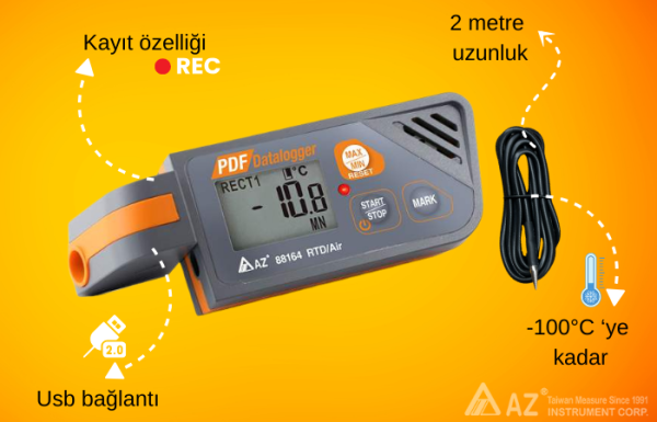 AZ 88164 Kablolu Sıcaklık Kayıt Cihazı | Soğuk Ölçümleri İçin -100°C