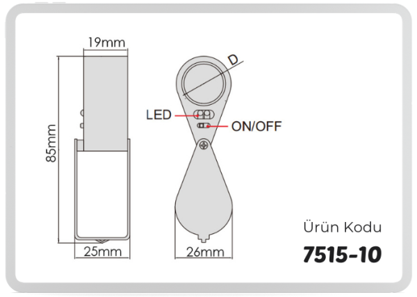 İnsize 7515-10 Katlanır El Tipi Işıklı Lup 10X