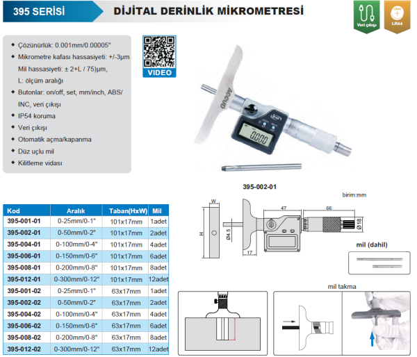 Accud Dijital Derinlik Mikrometresi 395 Serisi 0-200mm - 101.5x17mm