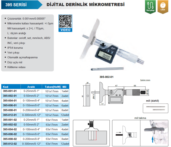 Accud Dijital Derinlik Mikrometresi 395 Serisi 0-25 mm - 63x17mm