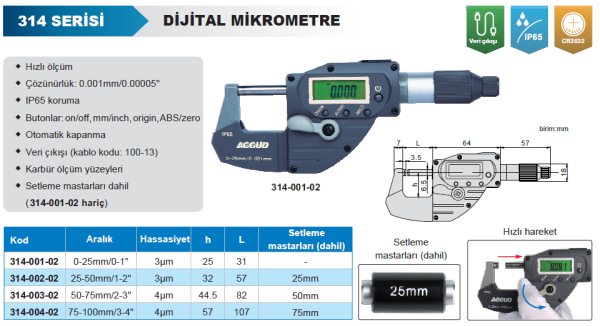 Accud Dijital Mikrometre 314 Serisi - Hızlı Ölçüm 0-25 mm