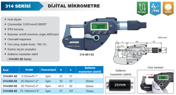 Accud Dijital Mikrometre 314 Serisi - Hızlı Ölçüm 50-75 mm