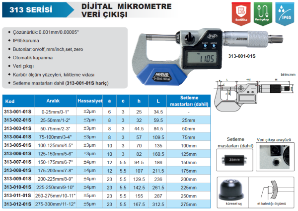 Accud IP65 Dijital Dış Çap Mikrometresi Veri Çıkışlı 313 S Serisi 200-225mm