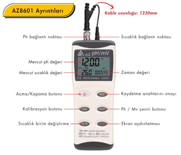 AZ 8601 Tek Prob İle Ph ve Orp Ölçer | BNC Bağlantılı