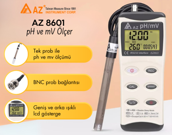 AZ 8601 Tek Prob İle Ph ve Orp Ölçer | BNC Bağlantılı