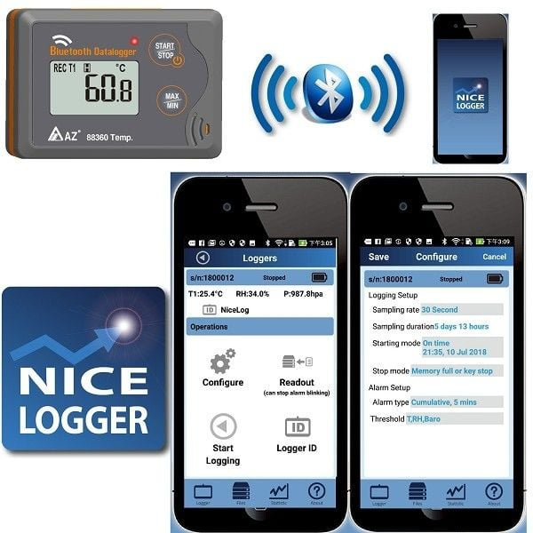AZ 88362 Sıcaklık Nem Kayıt Cihazı Akıllı Telefon Uyumlu