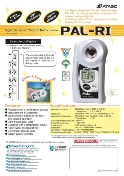 Atago 3850 PAL-RI - Dijital Refraktif İndeks Refraktometre