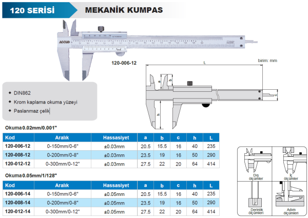 ACCUD 120-008-12 Mekanik Kumpas 120 Serisi 0.02mm - 0-200mm