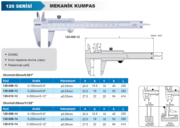 ACCUD 120-006-14 Mekanik Kumpas 120 Serisi 0.05mm - 0-150mm