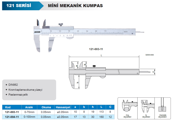 ACCUD 121-004-11 Mekanik Kumpas 121 Serisi - Mini Boy 0-100mm