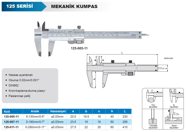 ACCUD 125-011-11 Mekanik Kumpas 125 Serisi - Hassas Ayarlamalı 0-280mm
