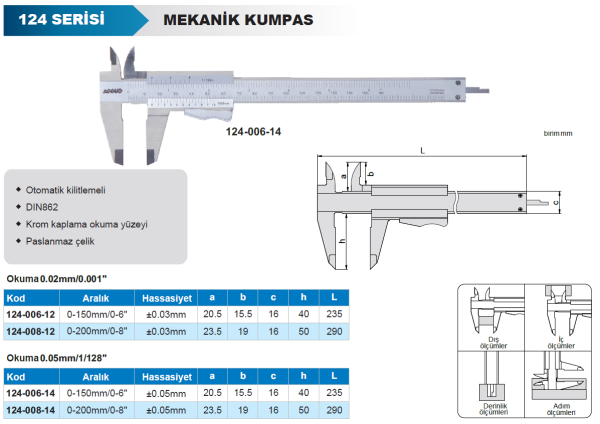 ACCUD 124-006-12 Mekanik Kumpas 124 Serisi 0.02mm - 0-150mm