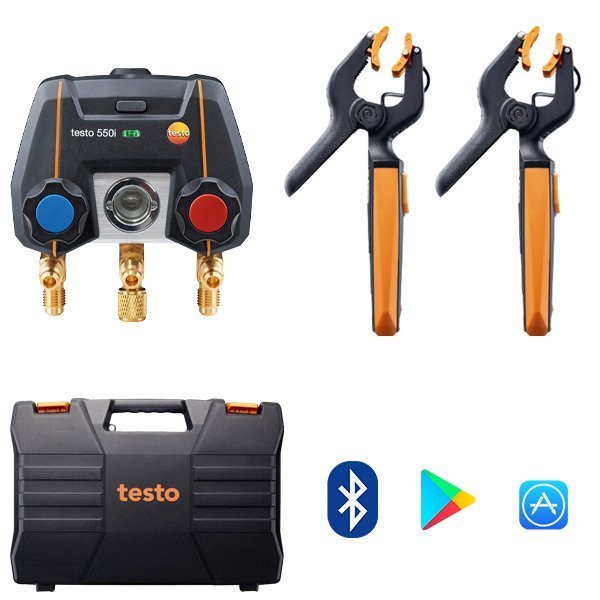 Testo 550i Akıllı set - Kablosuz kıskaçlı sıcaklık problarına (NTC) sahip uygulama kontrollü dijital manifold