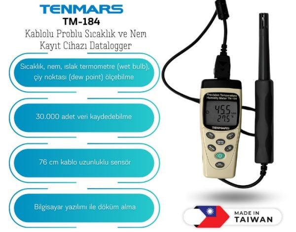 Tenmars TM-184 Kablolu Problu Sıcaklık ve Nem Kayıt Cihazı Datalogger