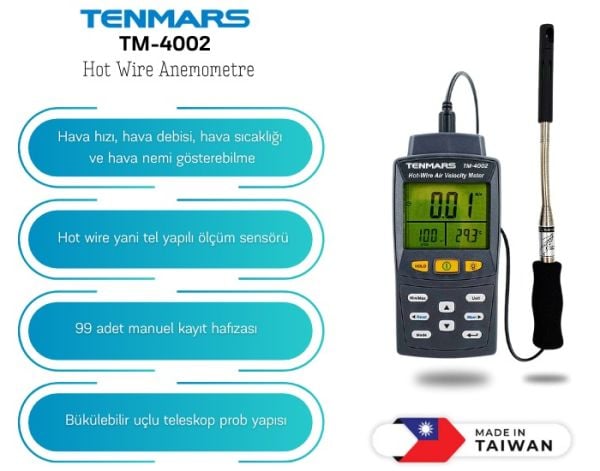 Tenmars TM-4002 Tel Tipi ''Hot Wire'' Sensörlü Hava Hızı Debi Sıcaklık ve Nem Ölçer
