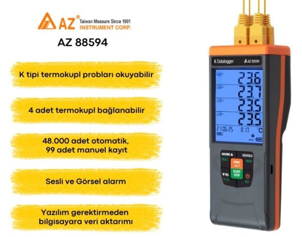 AZ 88594 GLP 4 Kanallı K Tipi Termokupl Veri Kaydedici
