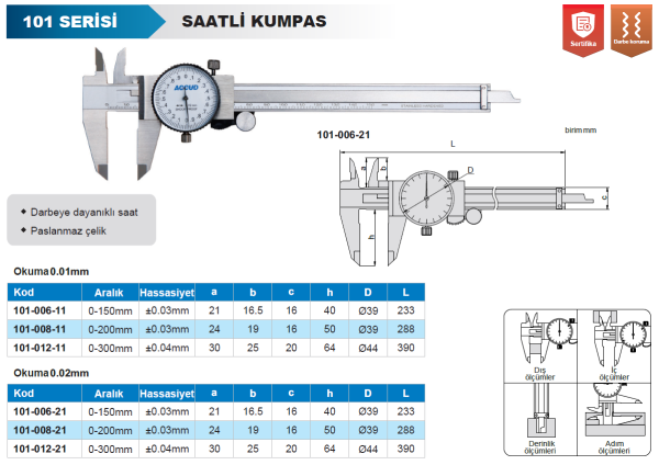 ACCUD 101-012-11 Saatli Kumpas 101 Serisi 0.01mm - 0-300mm