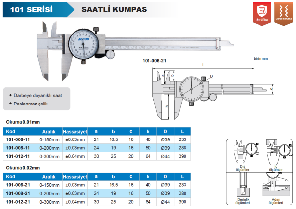 ACCUD 101-012-21 Saatli Kumpas 101 Serisi 0.02mm - 0-300mm