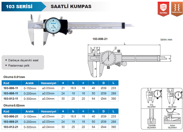 ACCUD 103-006-11 Saatli Kumpas 103 Serisi 0.01mm - 0-150mm