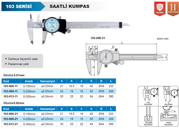 ACCUD 103-008-21 Saatli Kumpas 103 Serisi 0.02mm - 0-200mm