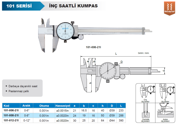 ACCUD 101-012-21I İnç Saatli Kumpas 101 Serisi 0-12inç