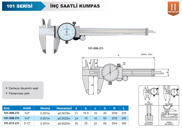 ACCUD 101-006-21I İnç Saatli Kumpas 101 Serisi 0-6inç