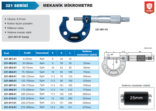 Mekanik Dış Çap Mikrometresi 321 Serisi 75-100 mm