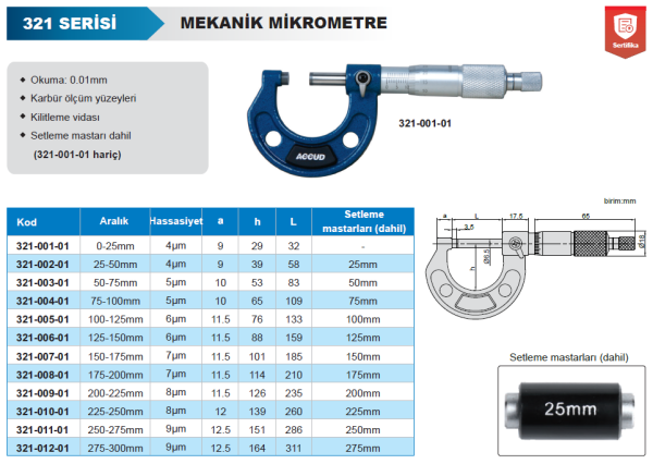 Mekanik Dış Çap Mikrometresi 321 Serisi 50-75 mm