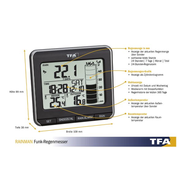 TFA 47.3004 ´RAINMAN´ Yağmur Miktarı Ölçer, İç-Dış Sıcaklık Ölçer (  Plüviyometre )