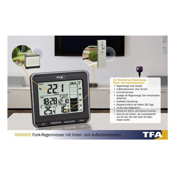 TFA 47.3004 ´RAINMAN´ Yağmur Miktarı Ölçer, İç-Dış Sıcaklık Ölçer (  Plüviyometre )