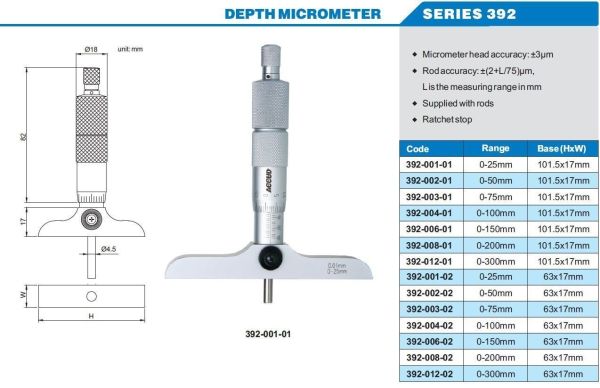 ACCUD 392-003-02 Derinlik Mikrometresi 392 Serisi 0-75mm - 63x17mm