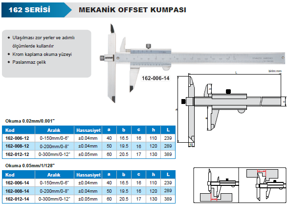 ACCUD 162-012-14 Mekanik Merkez Mesafesi Ölçüm Kumpası 162 Serisi 0.05mm - 0-300mm