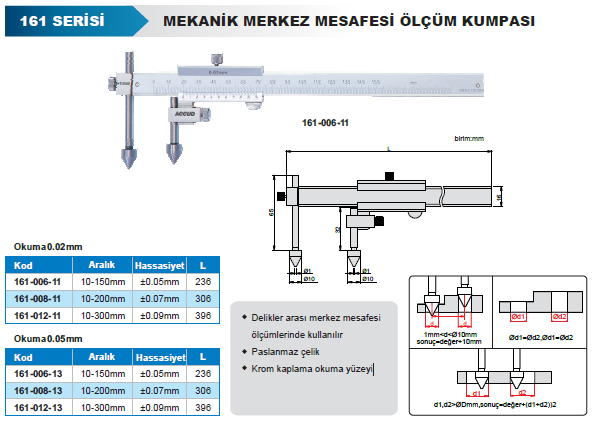 ACCUD 161-006-13 Mekanik Merkez Mesafesi Ölçüm Kumpası 161 Serisi 0.05mm - 0-150mm