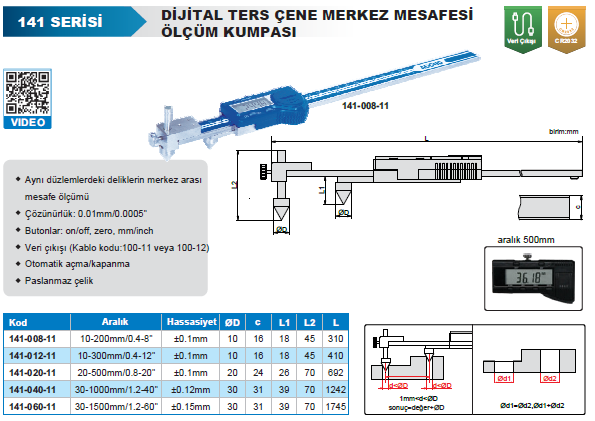 ACCUD 141-060-11 Dijital Ters Çene Merkez Mesafesi Ölçüm Kumpası 141 Serisi 30-1500mm